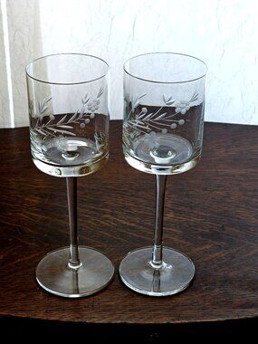 2 Romanian Toscany Wine Glasses 8" etched floral crystal cylinder goblets